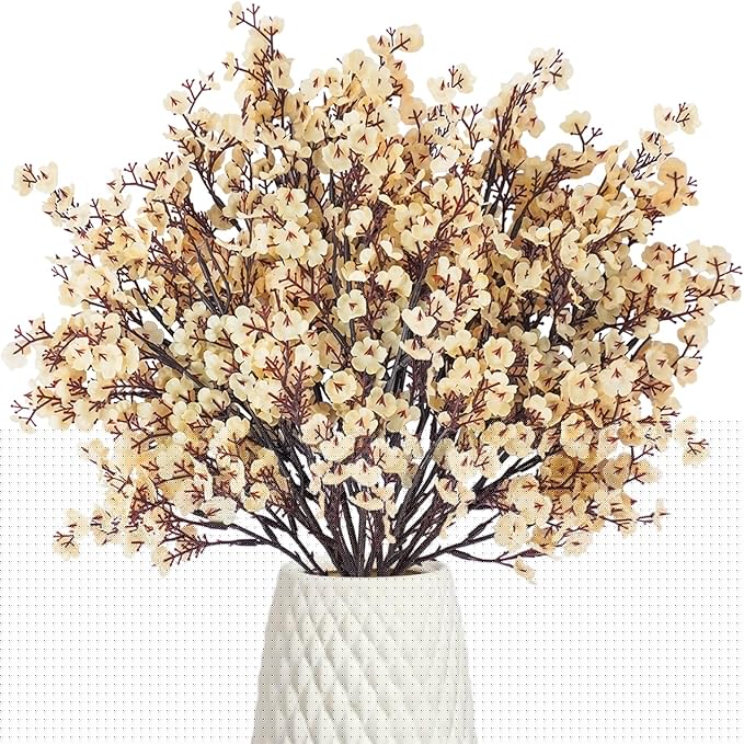 Uieke 6 Pcs Artificial Flowers Baby Breath Faux Champagne Artificial Gypsophila Bouquet Fake Silk Flowers Real Touch for Home Office Kitchen Wedding Wall DIY Room Farmhouse Décor
