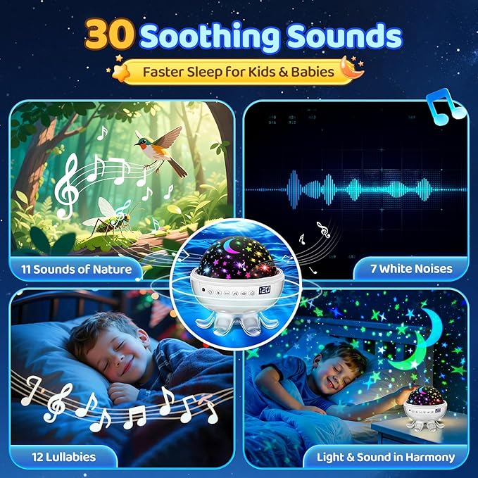 Star Projector for Kids Night Light Projector, 【3 Films+ 30 Sounds】 Lullaby Sound Machine Baby Sound Machine with Light, 【93 Effects+ Remote】 Best Toys for Kids Toys, [3 Brightness+ Timer]
