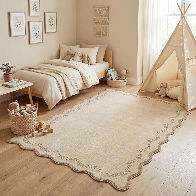 GarveeHome 4x6 Scalloped Washable Area Rug Jute Nursery Kids Bedroom Rug | Soft - Image 3