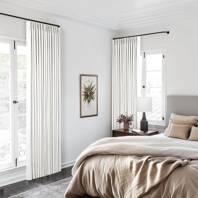 100% Blackout Pinch Pleated Linen 84 Inch Curtains 2 Panels Beige White | 2 - Image 8