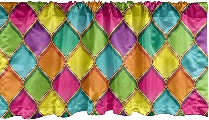 Ambesonne Geometric Window Valance Pack of 2, Vivid Colored Stained Glass Style Pattern Wavy Lines Curves Oval Shapes Modern, Rod Pocket Curtain Valances for Kitchen Bedroom, 54" X 12", Multicolor