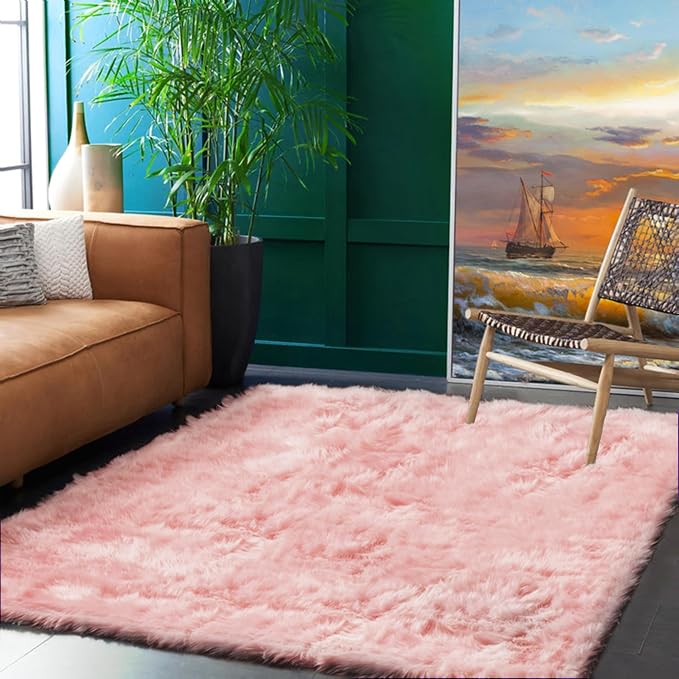 Goolela Pink Area Rug 5x7 Fluffy Fuzzy Furry Rug - Image 2