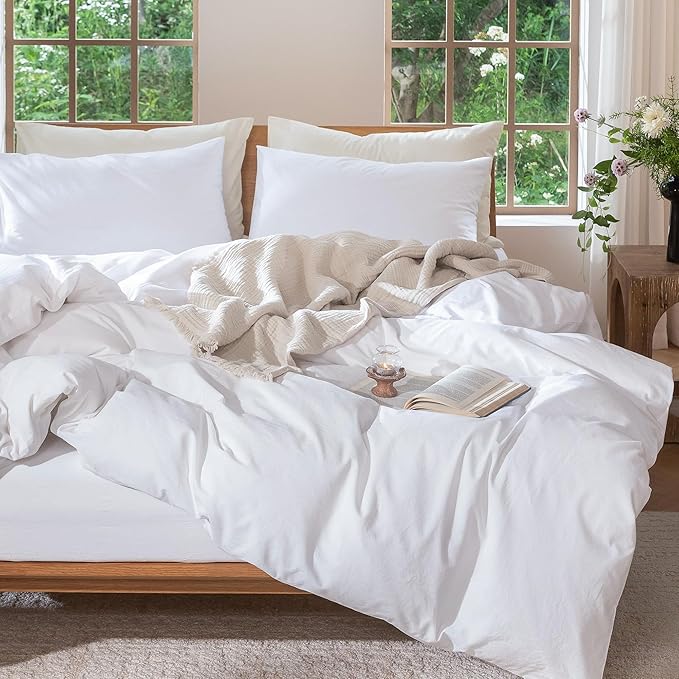 MooMee Bedding Duvet Cover Set 100% Washed Cotton Linen Like Textured Breathable Durable Soft Comfy (Solid Bright White, Twin 68"x90")