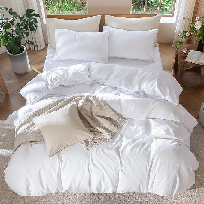 MooMee Bedding Duvet Cover Set 100% Washed Cotton Linen Like Textured Breathable Durable Soft Comfy (Solid Bright White, Queen 90"x90")