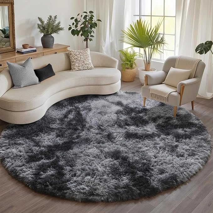 Round Rugs 6ft for Living Room Bedroom, Tie-Dyed Dark Grey Fluffy Circle Area by ONASAR