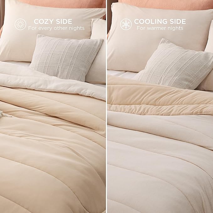 Bedsure Queen Comforter Set - Cooling and Warm Bed Set, Beige Reversible All Season Cooling Comforter, 3 Pieces, 1 Queen Size Comforter (88"x88") and 2 Pillow Cases (20"x26")
