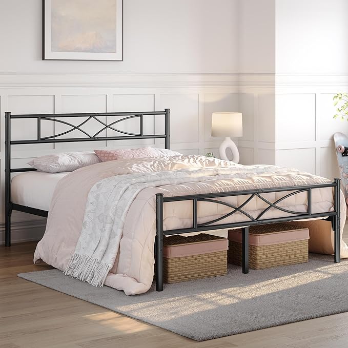 Yaheetech Metal Queen Platform Bed Frames Mattress Foundation with Storage/Curved Design Headboard/NO Box Spring Needed/Heavy-Duty Support/Easy Assembly, Queen, Black