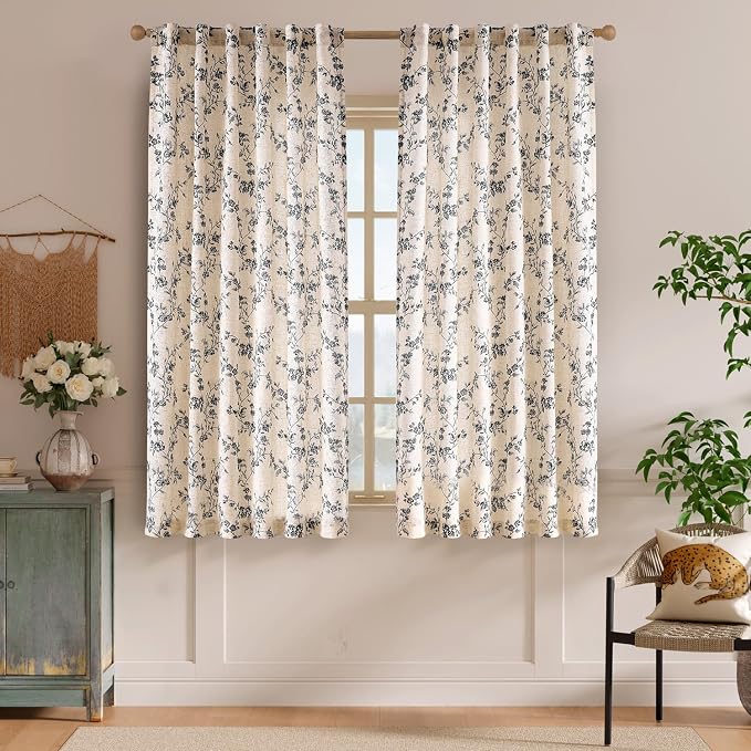Black Vintage Floral Linen Curtains Farmhouse 50W X 63L 2 Panels | Elisa Series - Image 2