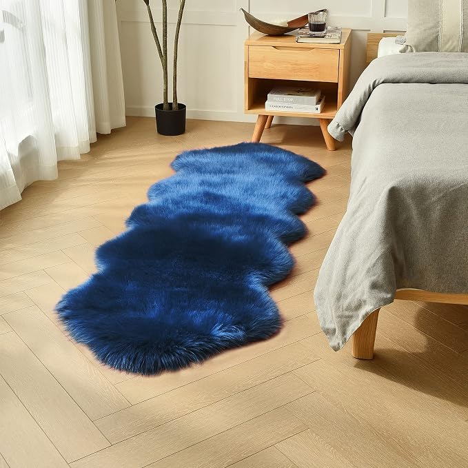 duduta Navy Blue Faux Sheepskin Runner Rugs 2x6 ft, Fluffy Fur Couch Covers | by duduta