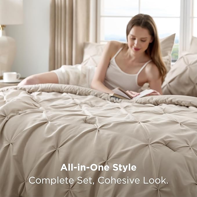 Bedsure Oversized Queen Comforter Set Beige - Bed in a Bag Bedding Set 7 Pieces, GentleSoft™ Pintuck Bed Set Gift for Family, Pinch Pleat All Season Comforter with Sheets, Pillowcases & Shams
