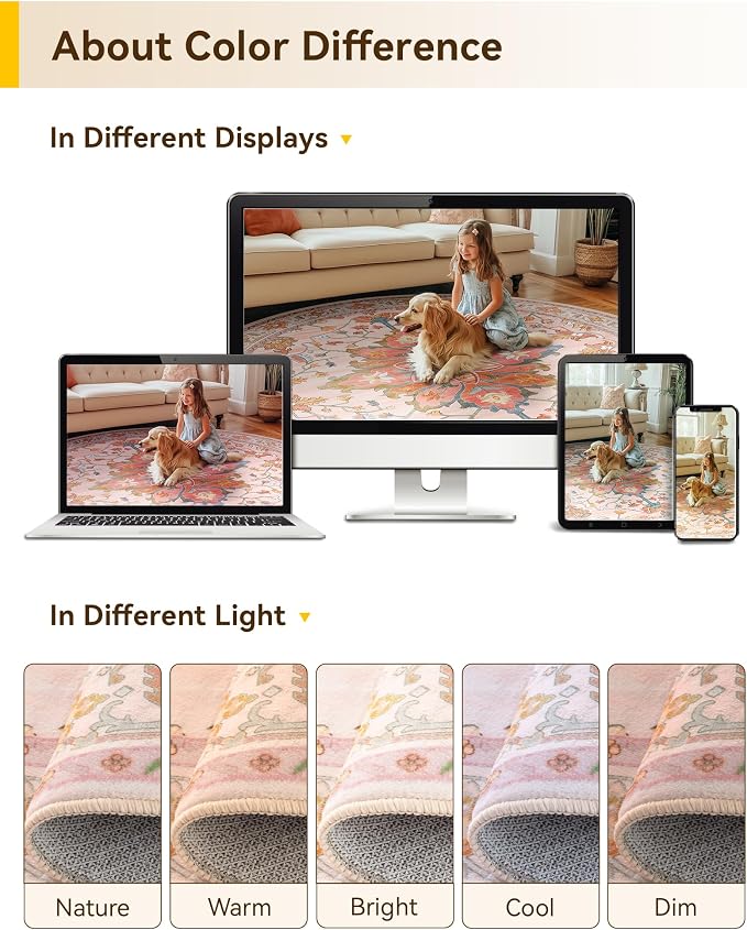 RELEANY Washable Area Rug, Round 5ft, Water Repellent, Pet Friendly, Vintage - Image 7
