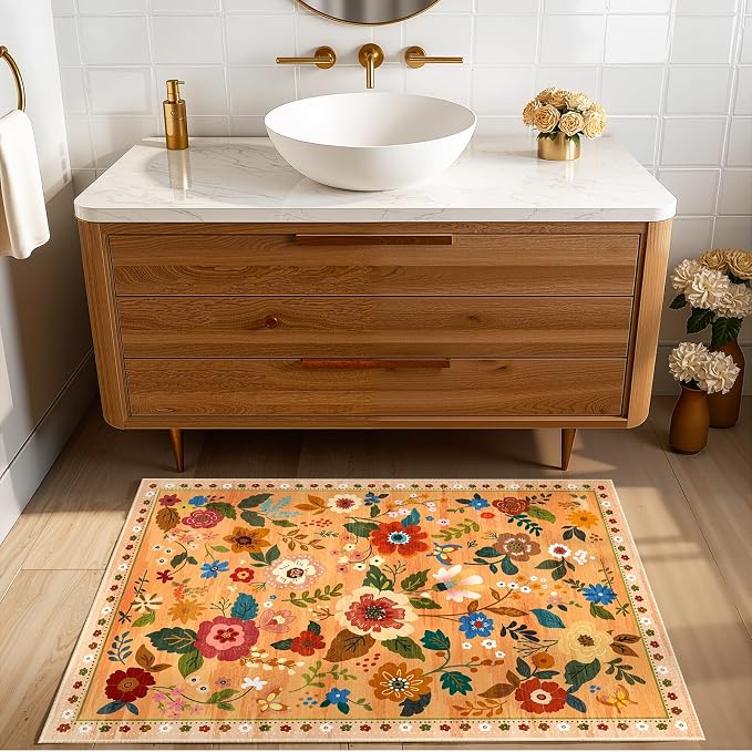 RELEANY Floral Washable 2x3 Area Rugs Doormat Yellow/Orange/Red | Flower Carpet - Image 8