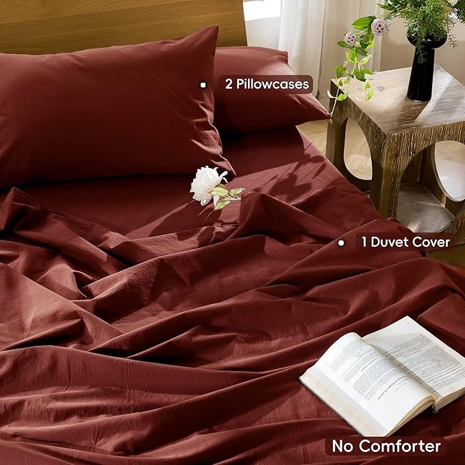 MooMee Bedding Duvet Cover Set 100% Washed Cotton Linen Like Textured Breathable Durable Soft Comfy (Solid Fired Brick Red, Queen 90"x90")