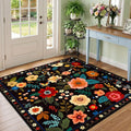 RELEANY Floral Washable Square 5ft Area Rug Black | Flower Carpet Print Boho by RELEANY