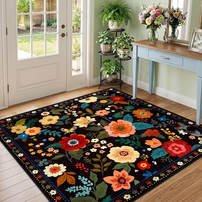 RELEANY Floral Washable Square 5ft Area Rug Black | Flower Carpet Print Boho by RELEANY
