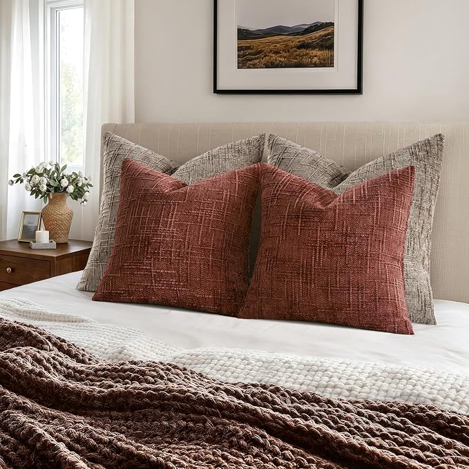 MIULEE Chenille Textured Fall Throw Pillow Covers Rust 18x18 Set of 2 | Slubby - Image 6