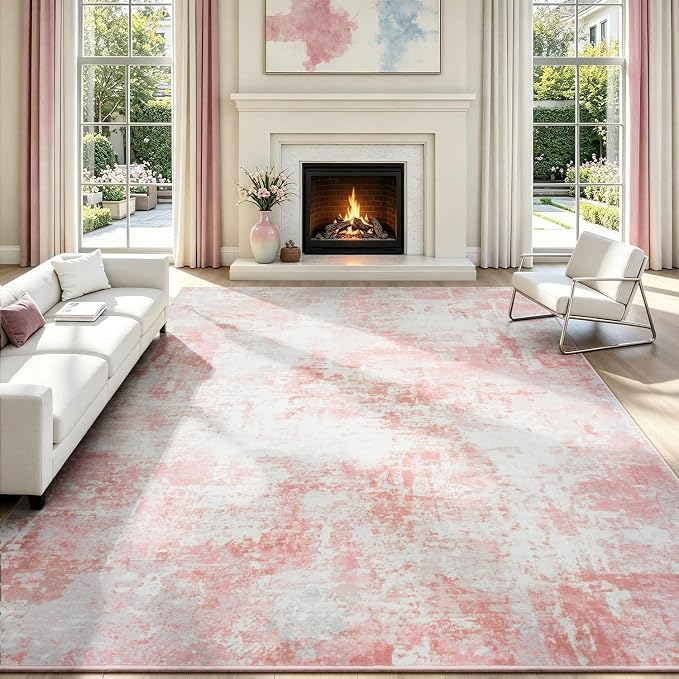Rugflix 8x10 Area Rugs for Living Room, Washable Pink White Large Rug | Machine - Image 9
