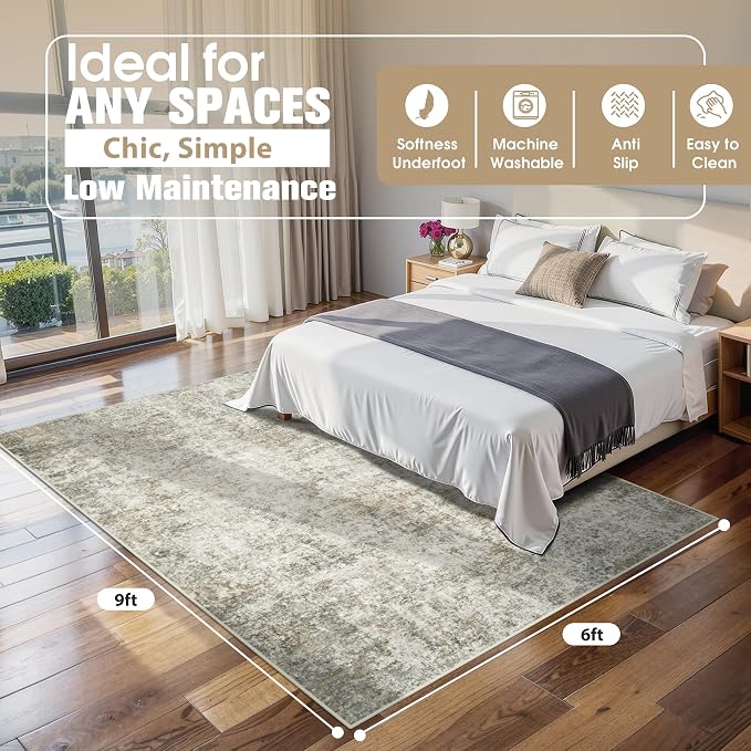 6x9 Area Rugs for Living Room Washable Bedroom Dining Room Beige Brown | Modern - Image 2