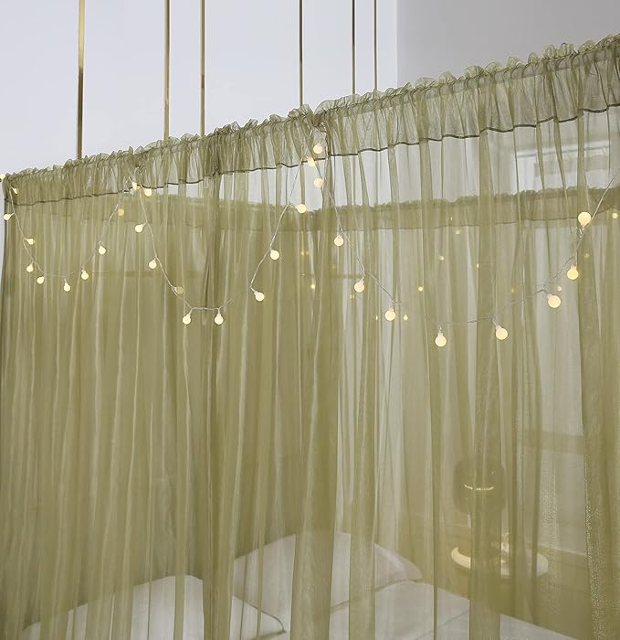Akiky Canopy for Girls Room Bed Curtains Sheer Curtain for Twin Full Queen Size Bed Drapes,8 Panels Canopies with Light,Room Décor(Twin,Sage Green)
