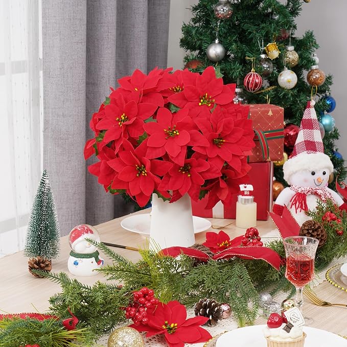 Christmas Decorations - 12 Pack Poinsettias Artificial Christmas Flowers, Fake Red Velvet Artificial Poinsettias Flowers for Christmas Tree Home Party Porch Yard Indoor Outdoor Decor