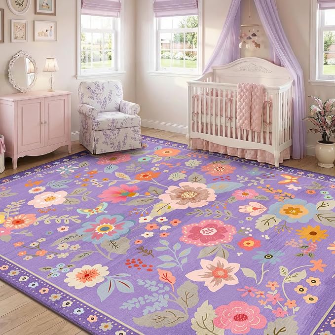 RELEANY Floral Washable 9x12 Area Rugs Purple/Pink | Flower Carpet Print Boho - Image 3