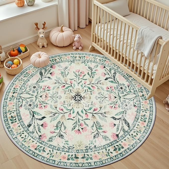PLHXFR Round Area Rug Living Room: 4 ft Floral Washable Carpet Green Beige | - Image 5