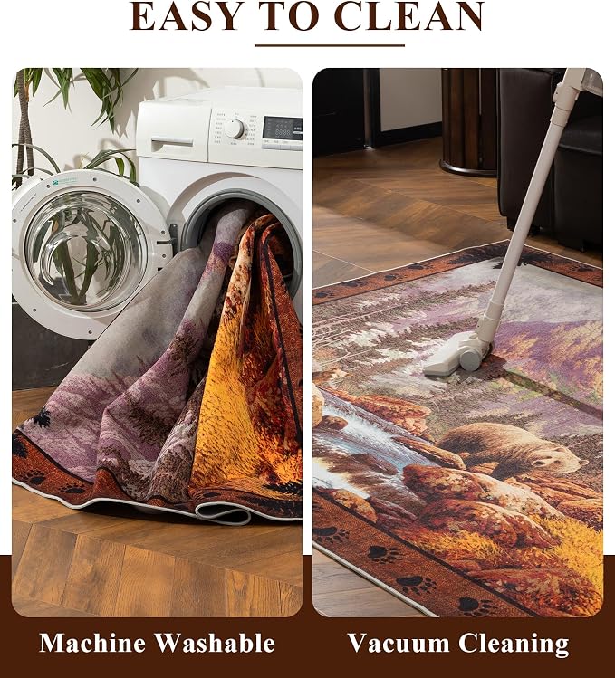 Rustic Cabin Area Rug for Bedroom 6x9, Machine Washable Woodland Bear Rug - Image 6