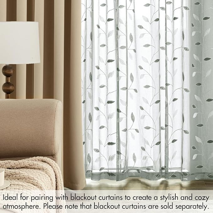 MIULEE Sage Sheer Curtains 2 Panels Embroidered Leaf Patterned, W52 x L84 | - Image 7