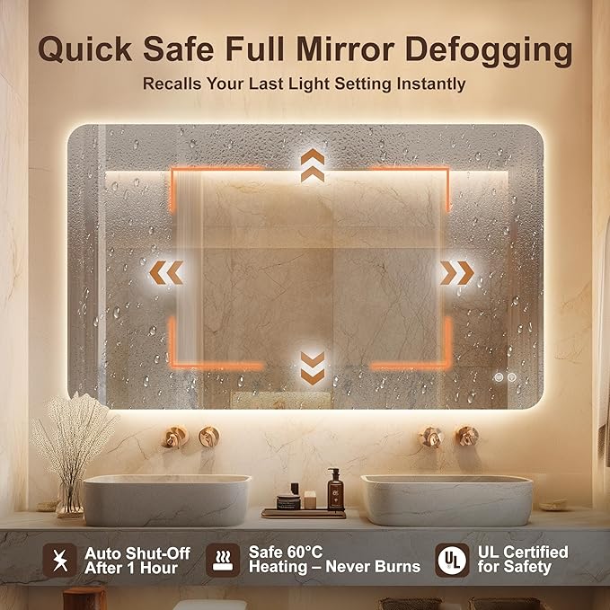 40‘’x30'' Lighted Mirrors for Bathroom Wall Backlit Rectangular Rounded Corners, LED Bathroom Mirror Frameless with Lights Anti Fog, Dimmable, 3 Colors,Tempered Glass, Shatter-Proof (Color 2)