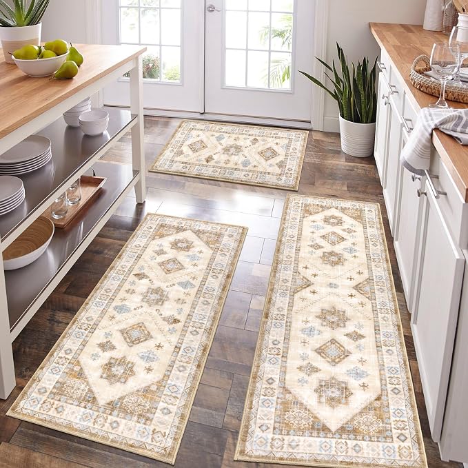 HEBE Boho Kitchen Rugs Set of 3, Non Slip Washable Kitchen Mats by HEBE