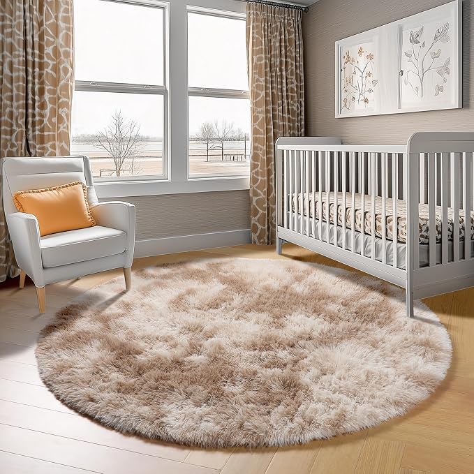 Tie-Dye Beige Round Area Rugs 5ft, Soft Bedroom Circle Rug Floor Mats - Image 8