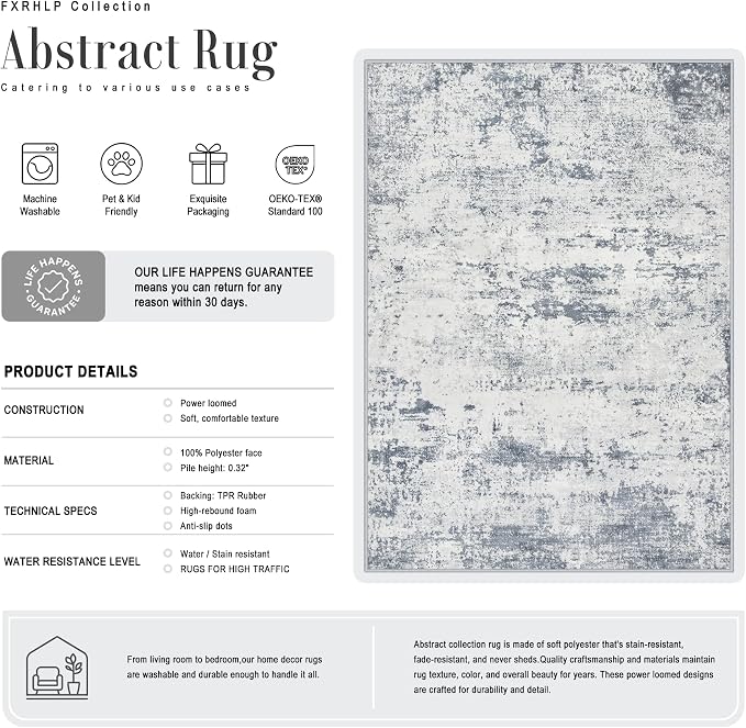 3x14 Washable Runner Rug：Modern Abstract Soft Carpet Blue Grey | - Image 3