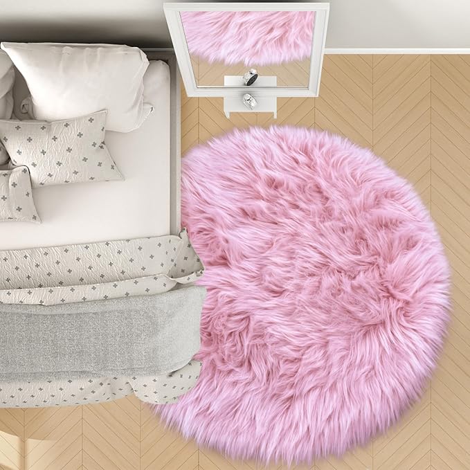 Pink 5'X5' High Pile Shag Rug, Fluffy Round Rug - Image 8