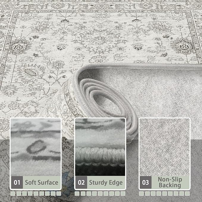 Grey Floral Hallway Runner Rug 2x8 - Image 2