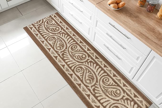 Custom Length Cut to Size Tribal Ethnic Southwestern Inspired Hallway Runner Rug, Non Slip Rubber Backed, 31 inch Wide X Customized Length, Mayan Brown, 31 inch X 11 feet