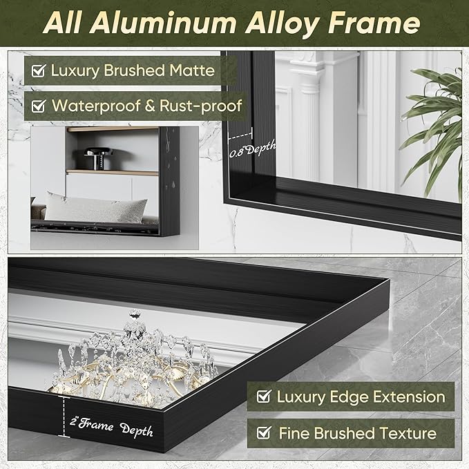 Suidia Bathroom Mirrors, 72" x 36" Wall Mirror Metal Framed, Bathroom Vanity Mirror for Living Room Bedroom Bathrooms Entryway, Black, Rect Corner Style