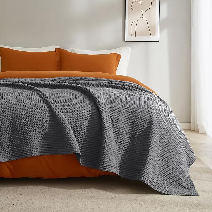 PHF 100% Cotton Waffle Weave Blanket Queen Size for Bed,Snag Proof Lightweight Breathable Moisture-wicking Throw for Couch,Great for Layering in Cold Weather,Machine Washable, Home Decor Gift-Charcoal