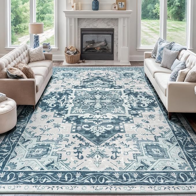 Rugflix 9x12 Area Rugs for Living Room, Washable Light Blue Large Rug | Machine by RugflixAreaRugs