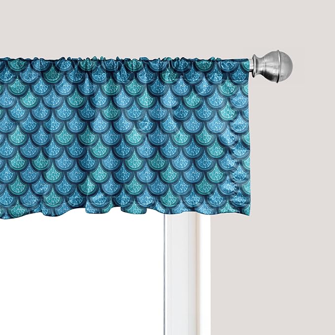 Ambesonne Fish Scale Window Valance, Nautical Design Realistic Graphic Water Drops on Half Circles Print, Curtain Valance for Kitchen Bedroom Decor with Rod Pocket, 42" x 18", Blue and Turquoise