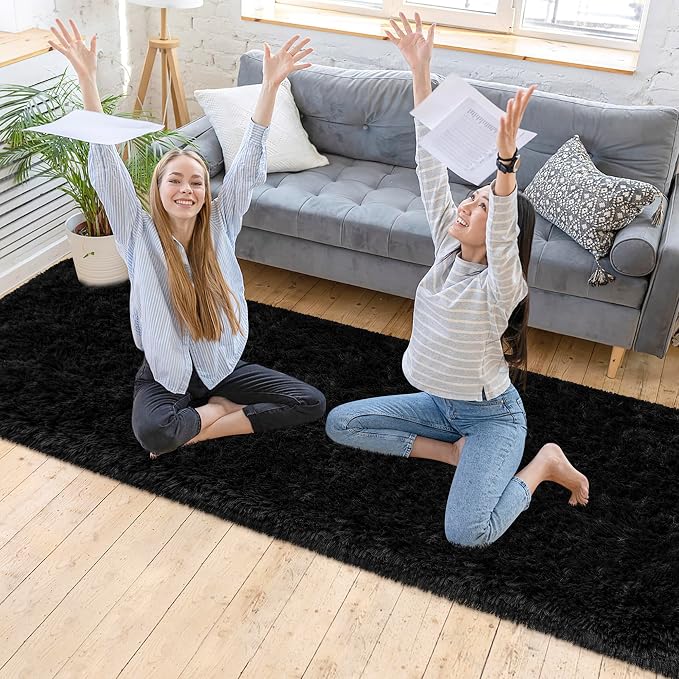 2x10 Bedside Area Rugs for Bedroom Soft Fluffy Shag Black Rug for Hallway - Image 2