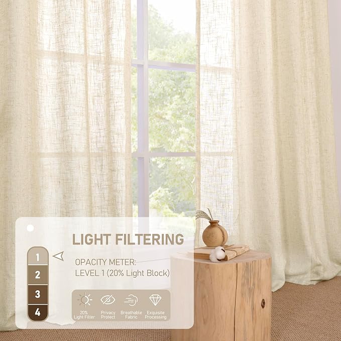 Beige Linen Semi Sheer Curtains 45 Inch Length 2 Panels Set | Light Filtering - Image 4