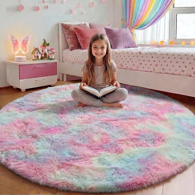 Rainbow Round Area Rug 4ft, Soft Bedroom Circle Rugs Mats by ONASAR