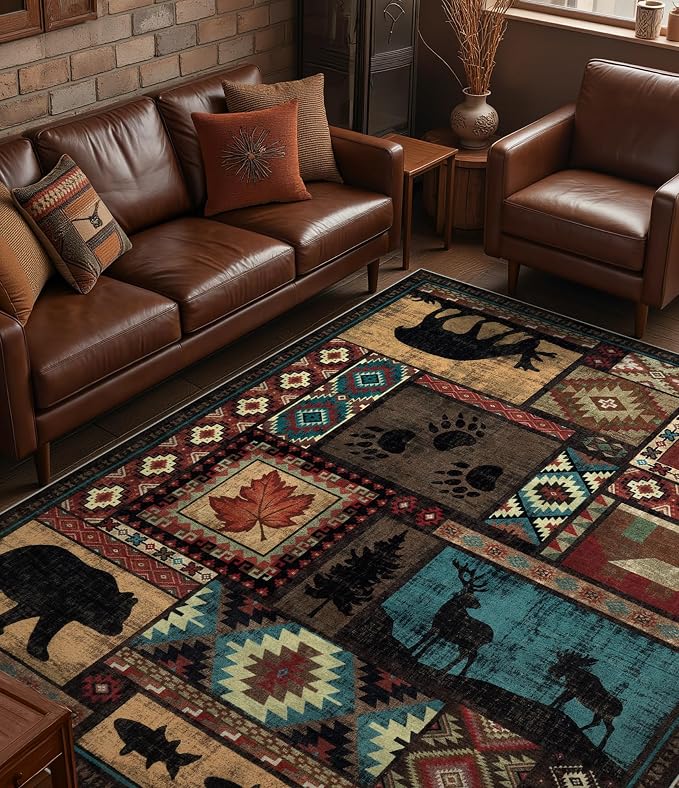 Rustic Cabin Area Rug 6x9, Machine Washable Lodge Bear Rug, Non-Slip Low Pile by YIHOUSE