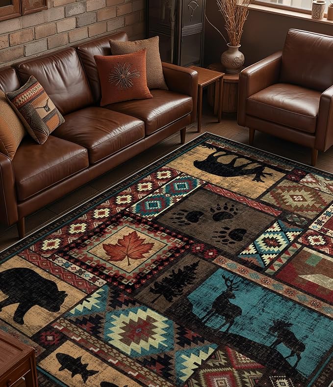 Rustic Cabin Area Rug 8x10, Machine Washable Lodge Bear Rug, Non-Slip Low Pile by YIHOUSE