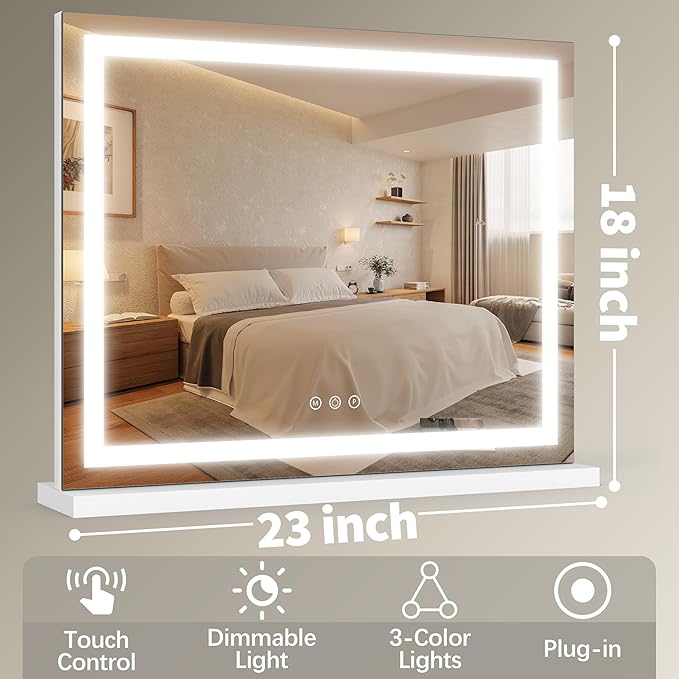 FENNIO 23" x 18" Vanity Mirror with Lights，LED Makeup Mirror，Hollywood Mirror with 3 Color Modes & Adjustable Brightness，Vanity Mirror Square White