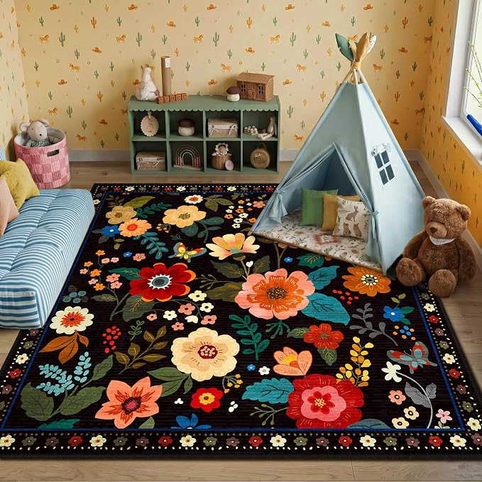 RELEANY Floral Washable Square 6ft Area Rug Black | Flower Carpet Print Boho - Image 9