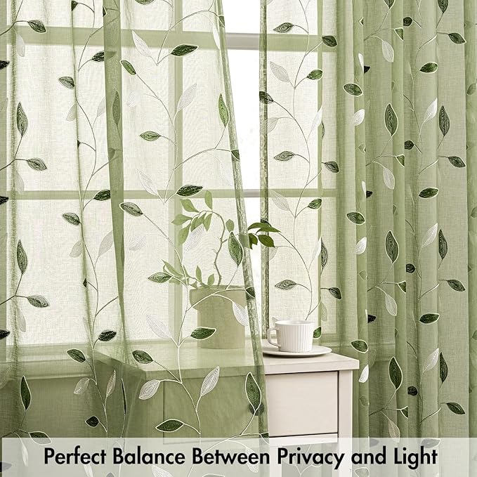 MIULEE Sage Green Sheer Curtains 2 Panels Leaf Patterned, W52 x L54 | - Image 5