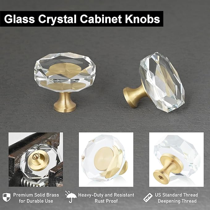 QOGRISUN 10-Pack Brass Crystal Cabinet Knobs,Glass Crystal Gold Drawer Knobs,1-1/4-Inch Polygon,Decorative Dresser Pulls, Modern Cabinet Hardware