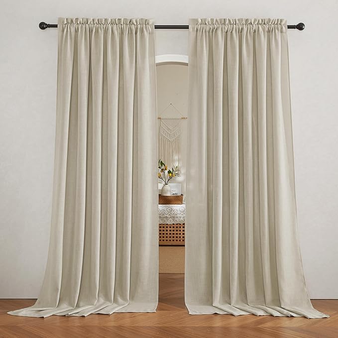 RYB HOME Sheer Curtains Linen Textured Semi Sheer Draperies Light Glare Filtering Privacy Sheer Backdrop for Bedroom Living Room Patio Door Window Decor, Beige, W 70 x L 95 inch, 2 Pcs