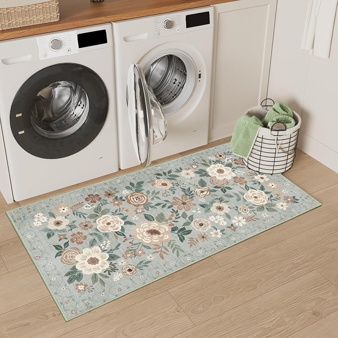 DUKINO 2x4 Entryway Rug, Floral Washable Kitchen Rugs Non Slip, Sage Green | - Image 5